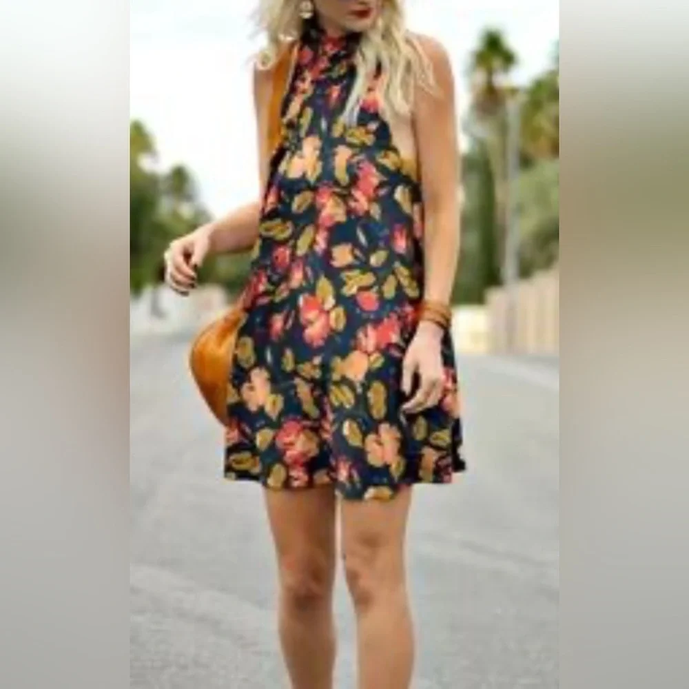 Free People Intimately Beaux MockNeck Blue Wildflower Orange Slip Mini Dress S